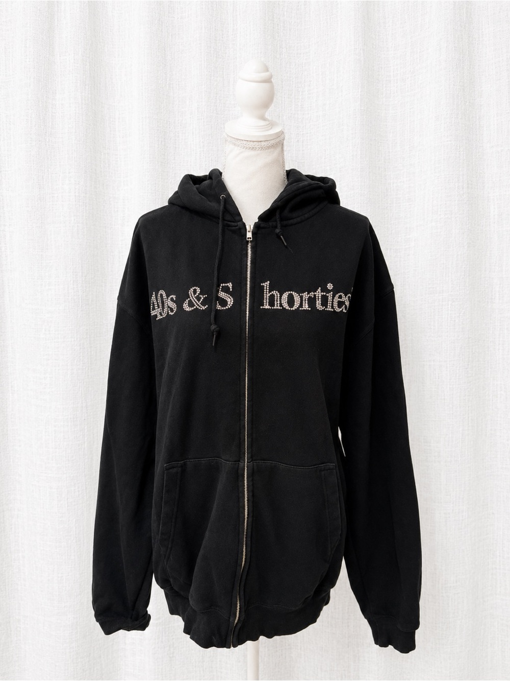 Black Embellished Script Zip-Up Hoodie